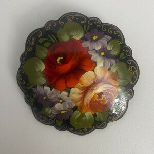 Russian Hand Painted Artisan Lacquer Brooch Collectable Jewelry